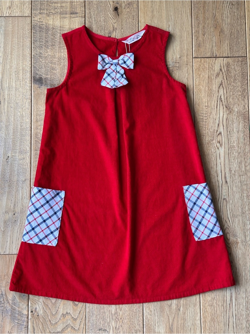 NEW Beebay Sleeveless A-Line Corduroy Dress with Plaid Bow and Pockets size 5